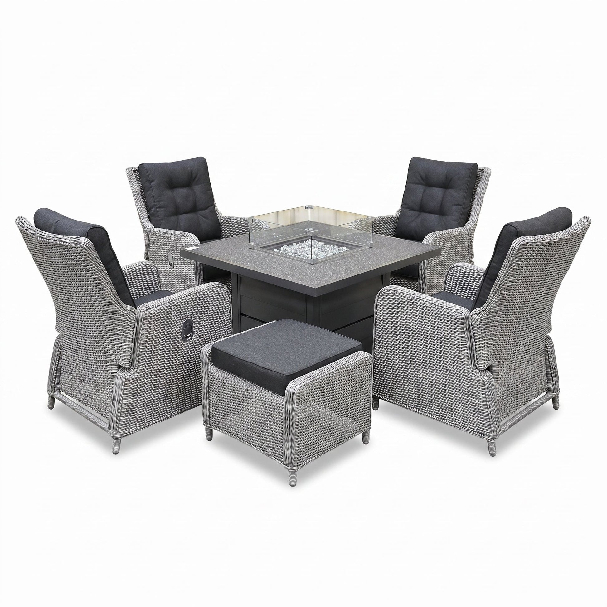 Madrid Verstelbare Loungeset - Spraystone / Light Kobo Grey / Vuurtafel 150 cm in einem stimmungsvollen Garten - Outnest
