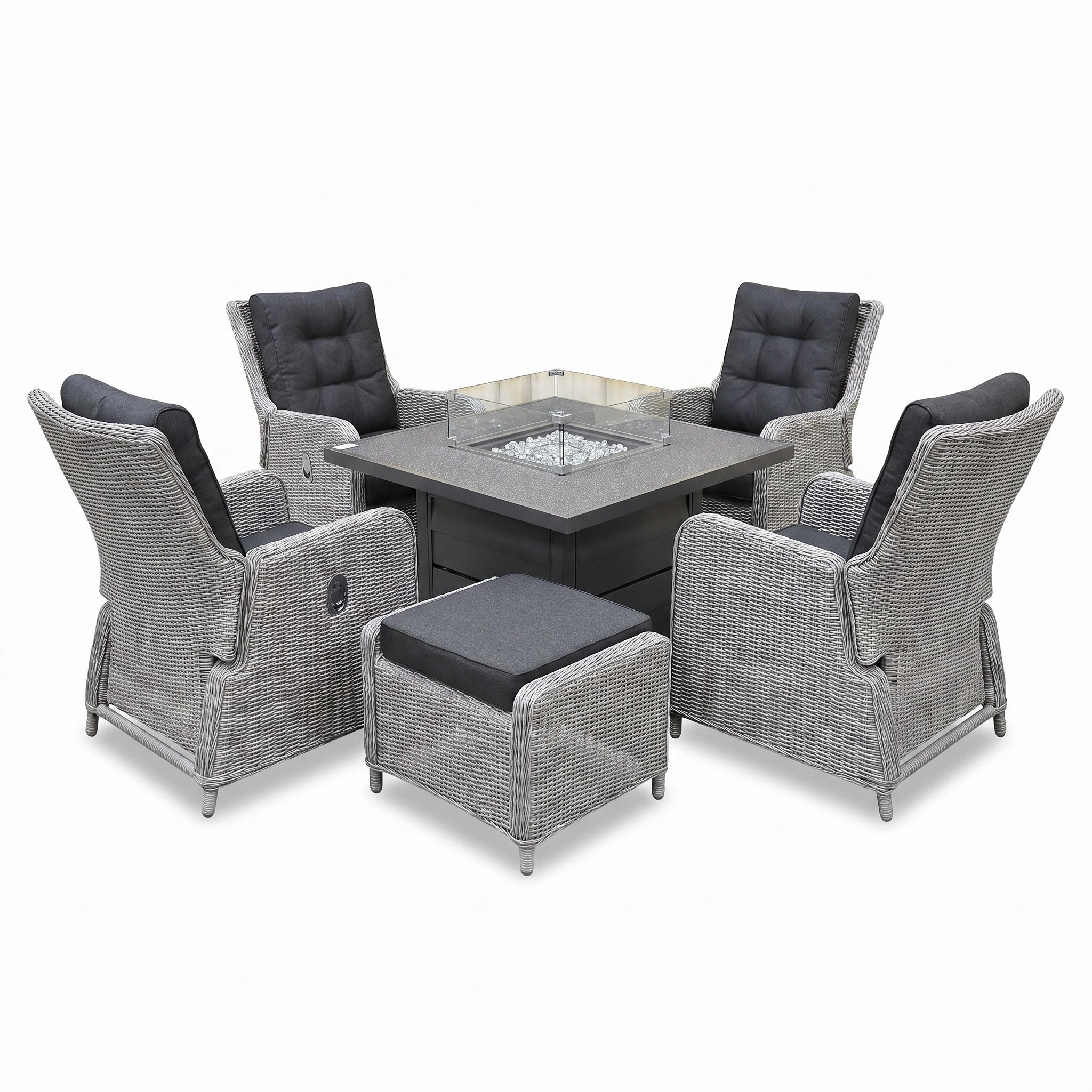 Madrid Verstelbare Loungeset - Spraystone / Light Kobo Grey / Vuurtafel 150 cm in einem stimmungsvollen Garten - Outnest