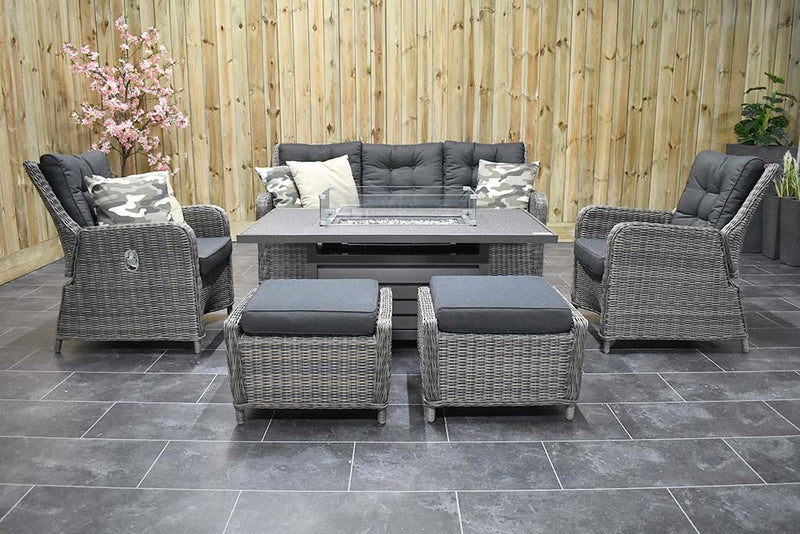 Madrid Verstellbares Loungemöbel für den Essbereich 3-Sitzer + 2 Stühle – Spraystone / Kobo Grey / Feuertisch 150 cm