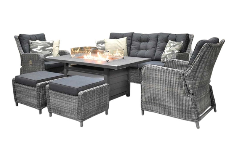 Madrid Verstelbare Dining Loungeset 3-zits + 2 stoelen - Spraystone / Kobo Grey / Vuurtafel 150 cm