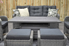 Madrid Verstellbares Loungemöbel für den Essbereich 3-Sitzer + 2 Stühle – Spraystone / Kobo Grey / Feuertisch 150 cm