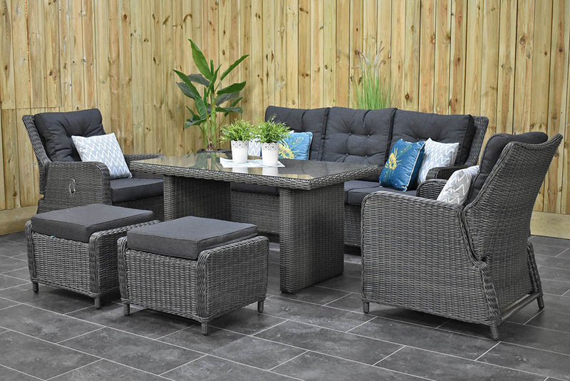 Madrid Verstellbares Loungemöbel für den Essbereich 3-Sitzer + 2 Stühle – Glas / Rock Grey / Hoch