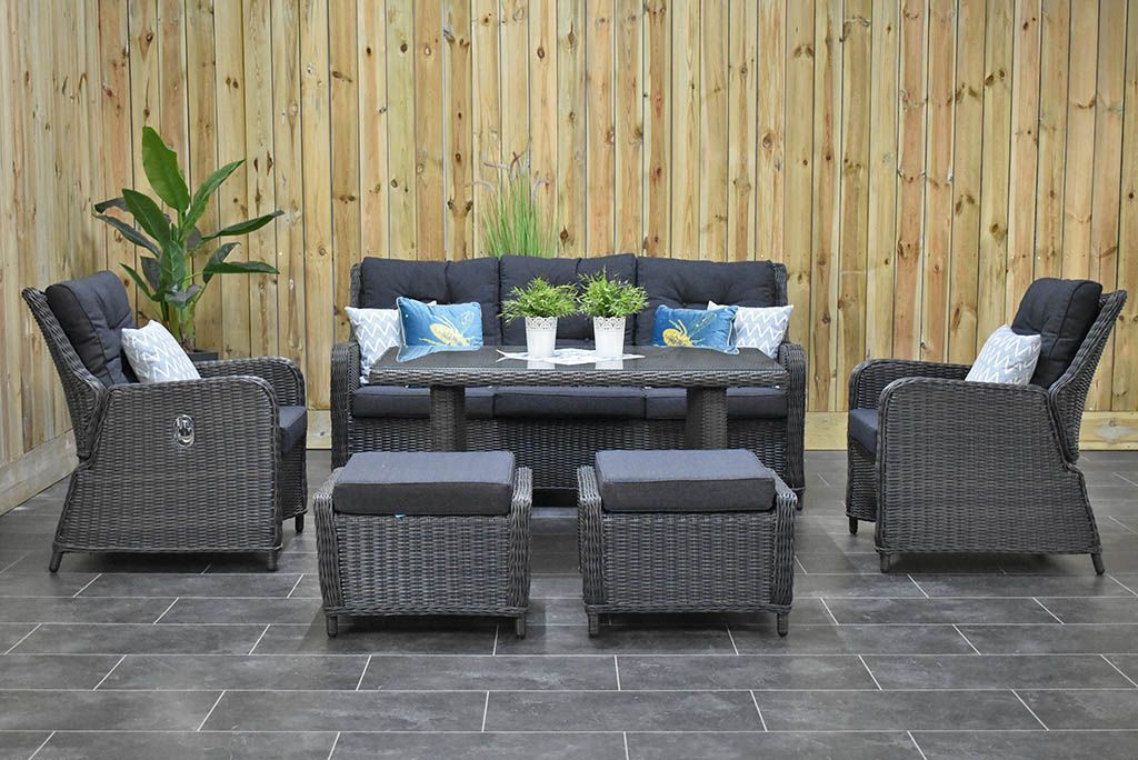 Madrid Verstellbares Loungemöbel für den Essbereich 3-Sitzer + 2 Stühle – Glas / Rock Grey / Hoch
