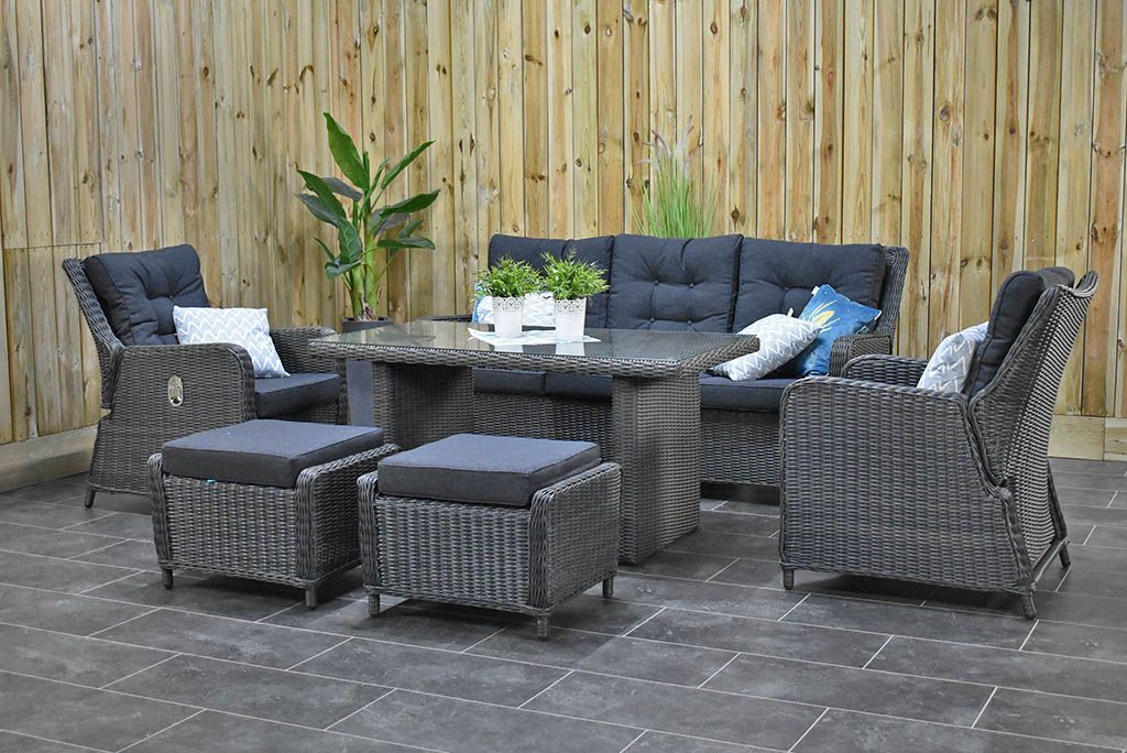 Madrid Verstellbares Loungemöbel für den Essbereich 3-Sitzer + 2 Stühle – Glas / Rock Grey / Hoch