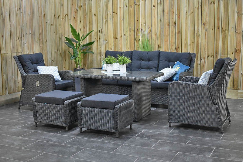 Madrid Verstellbares Loungemöbel für den Essbereich 3-Sitzer + 2 Stühle – Glas / Rock Grey / Hoch