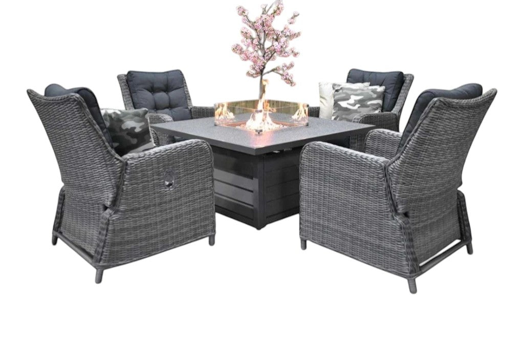 Madrid Verstelbare Dining Loungeset 4 Personen - Spraystone / Kobo Grey / Vuurtafel 120 cm