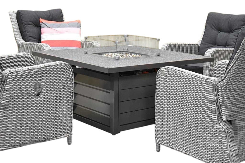 Madrid Verstelbare Dining Loungeset 4 Personen - Spraystone / Light Kobo Grey / Vuurtafel 120 cm