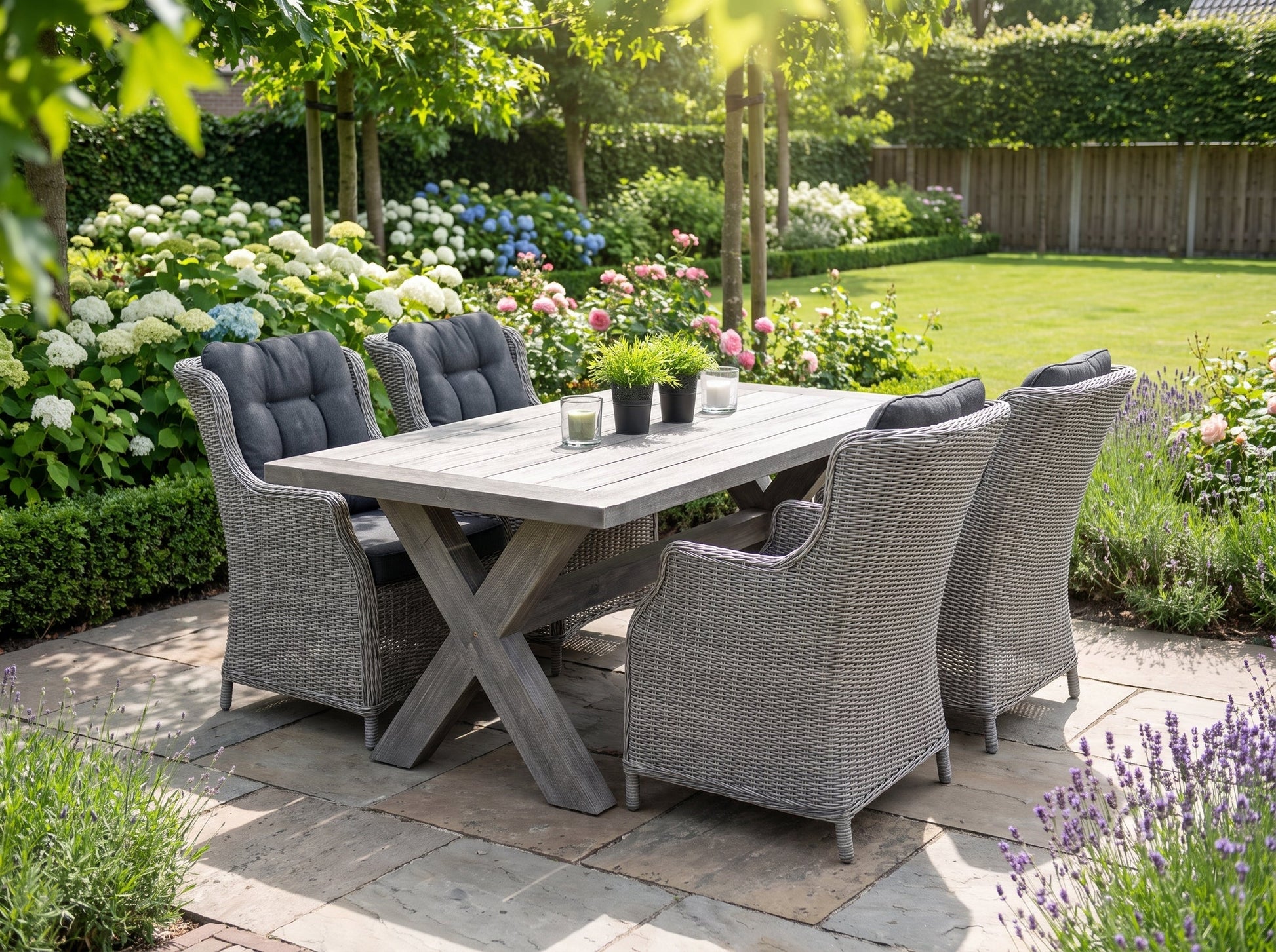 Norwich-Darwin Tuinset 4 Personen - Acacia / Light Kobo Grey in einem stimmungsvollen Garten - Outnest Gartenmöbel