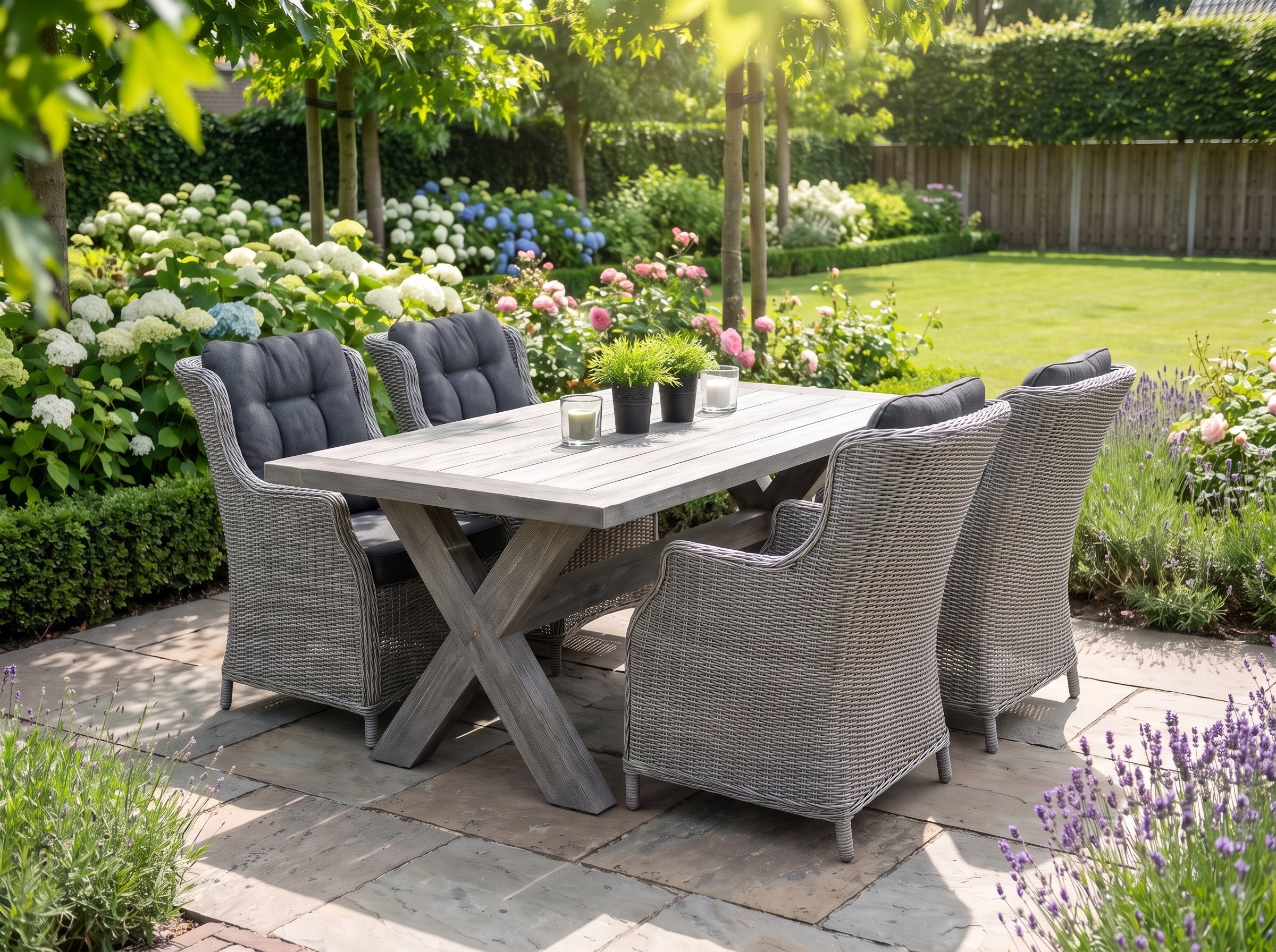 Norwich-Darwin Tuinset 4 Personen - Acacia / Light Kobo Grey in einem stimmungsvollen Garten - Outnest Gartenmöbel