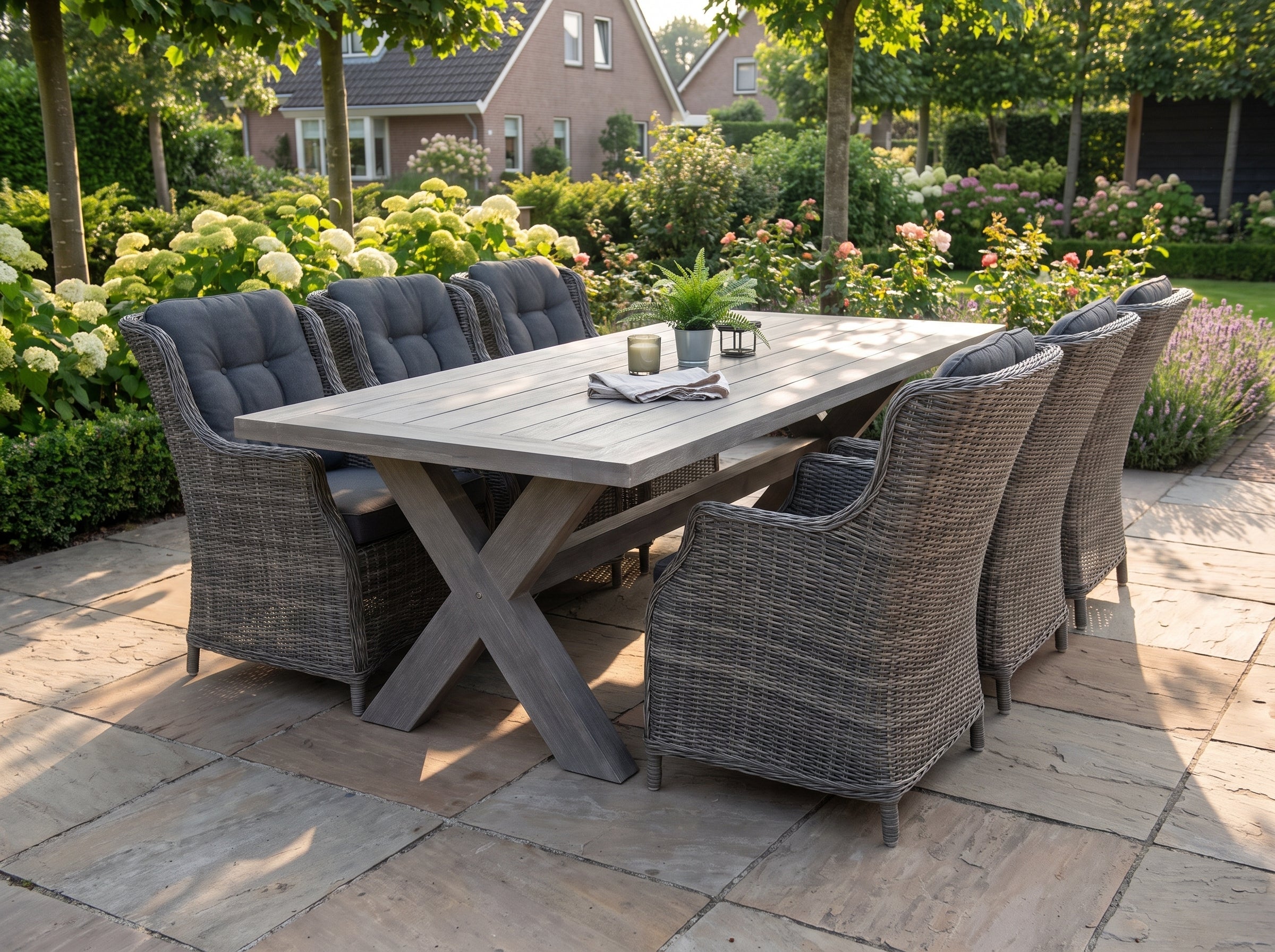 Norwich-Darwin Tuinset 6 Personen - Acacia / Kobo Grey in einem stimmungsvollen Garten - Outnest Gartenmöbel