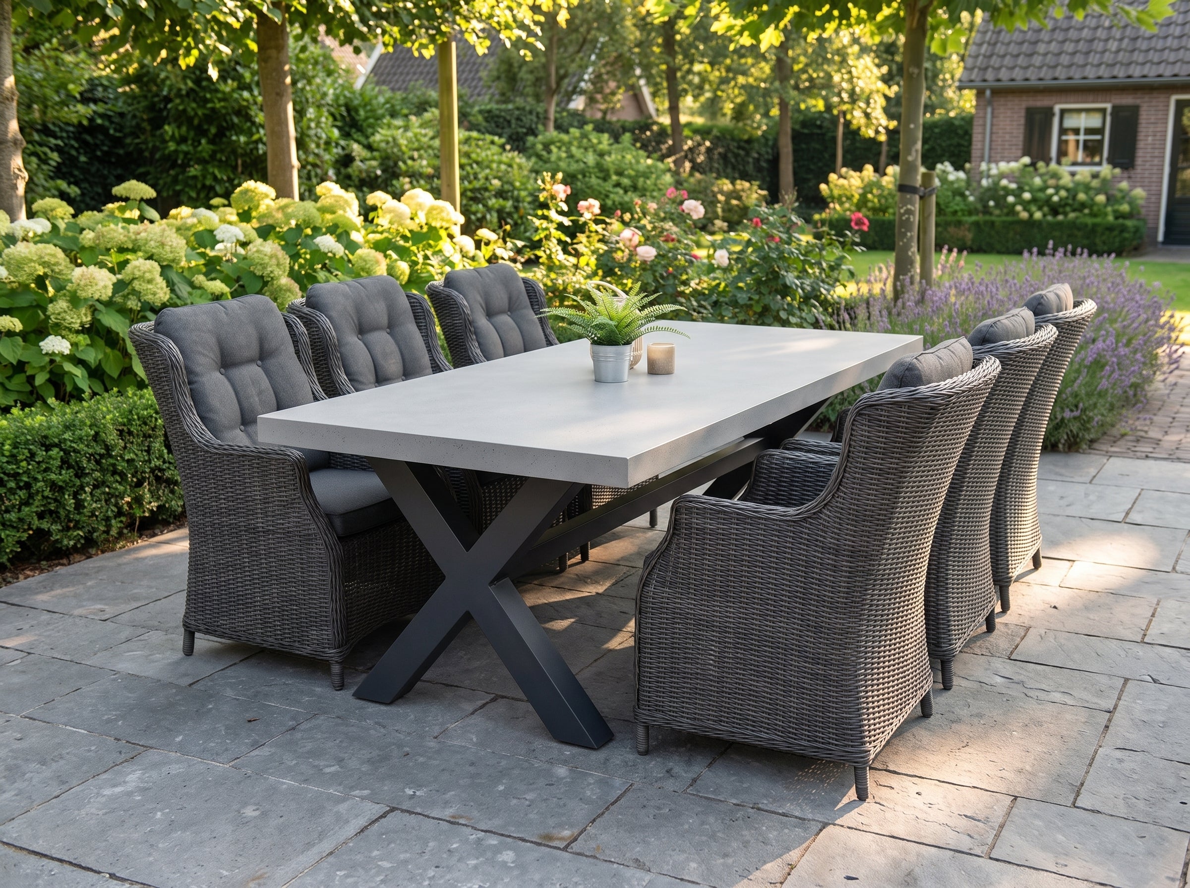 Norwich-Darwin Tuinset 6 Personen - Polystone, Gepoedercoat staal / Rock Grey in einem stimmungsvollen Garten - Outnest