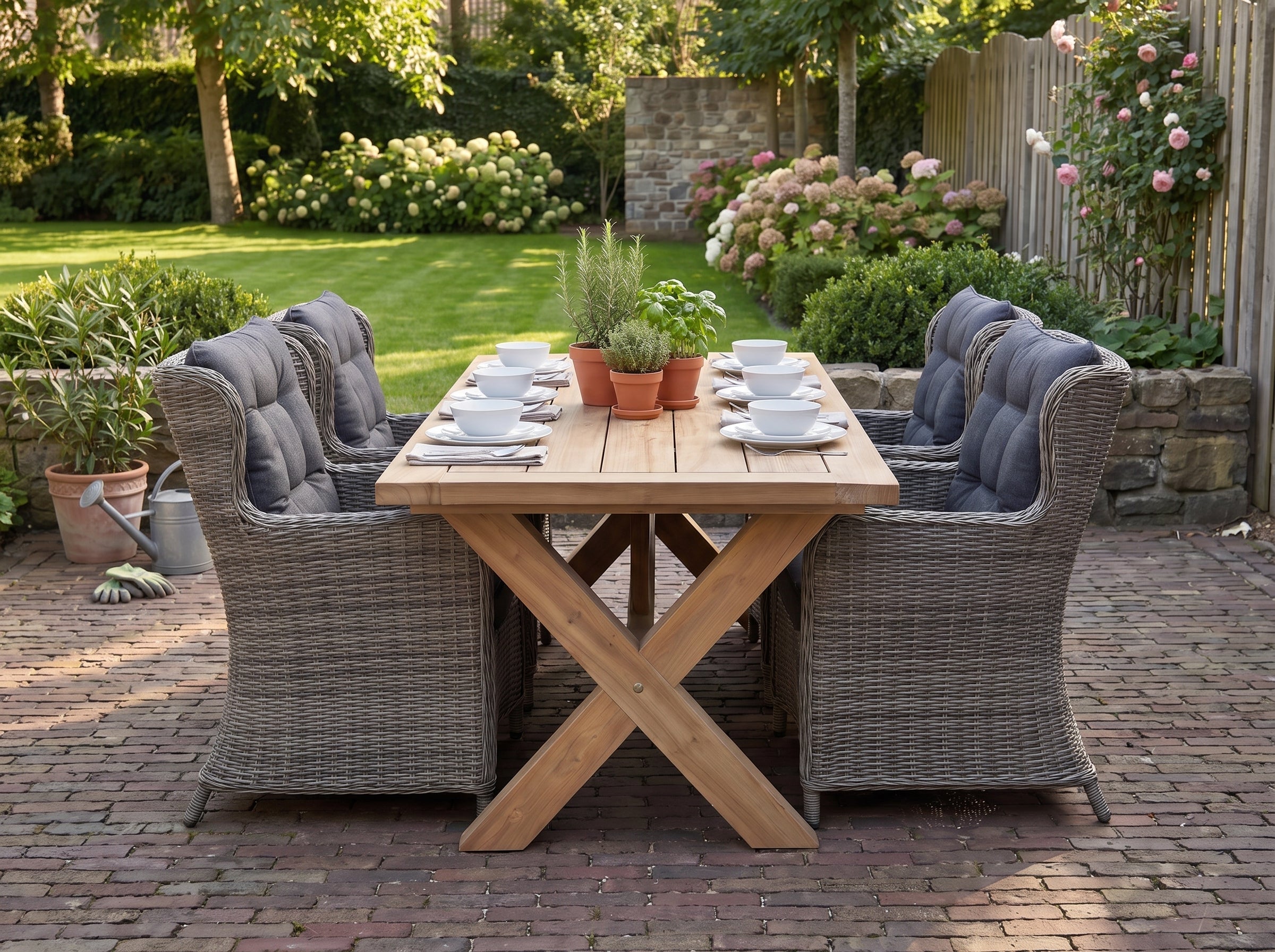 Norwich-Delano Tuinset 6 Personen - Teak / Natural Grey in einem stimmungsvollen Garten - Outnest Gartenmöbel
