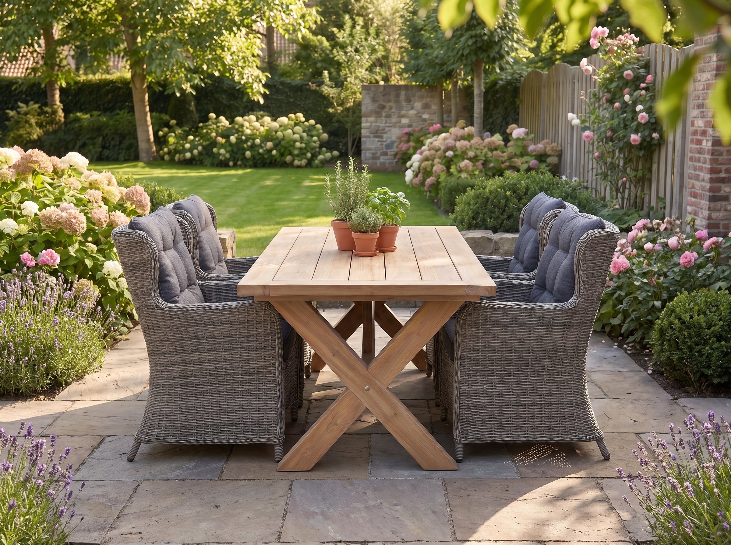 Norwich-Delano Tuinset 6 Personen - Teak / Natural Grey in einem stimmungsvollen Garten - Outnest Gartenmöbel