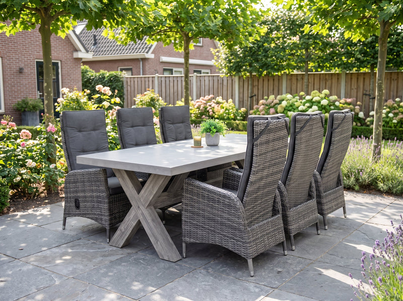 Norwich-Menorca Verstelbare Tuinset 6 Personen - Polystone / Two Tone Grey in einem stimmungsvollen Garten - Outnest
