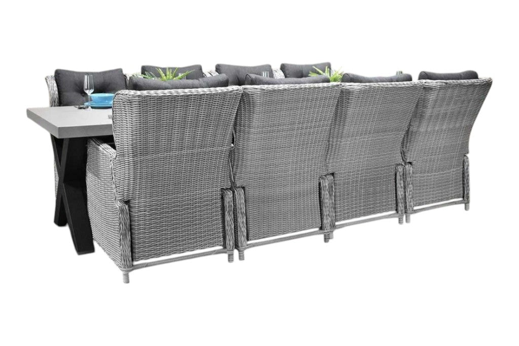 Norwich-Barcelona verstelbare Tuinset 8 Personen - Polystone, Gepoedercoat staal / Light Kobo Grey