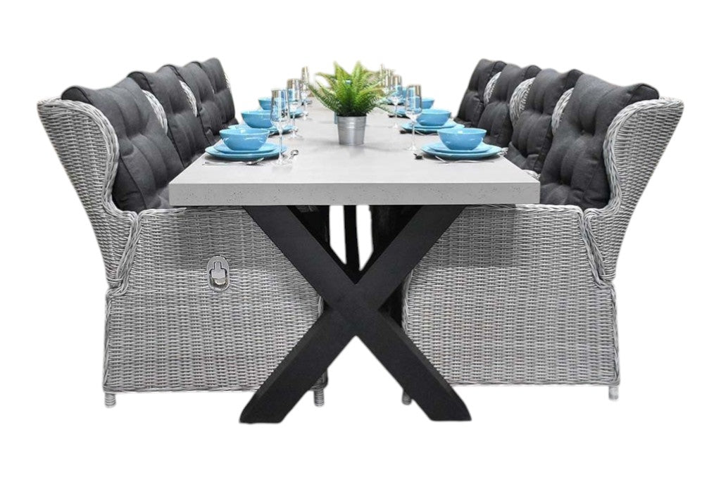 Norwich-Barcelona verstelbare Tuinset 8 Personen - Polystone, Gepoedercoat staal / Light Kobo Grey