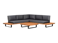 Oude Wesselink Tuinmeubelen Atlanta corner lounge set with acacia wood frame, black legs, and charcoal grey cushions.