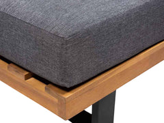 Oude Wesselink Tuinmeubelen Atlanta corner lounge set with charcoal grey cushions and acacia wood frame.
