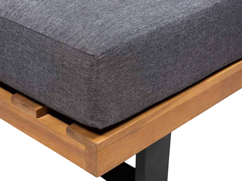 Oude Wesselink Tuinmeubelen Atlanta corner lounge set with charcoal grey cushions and acacia wood frame.