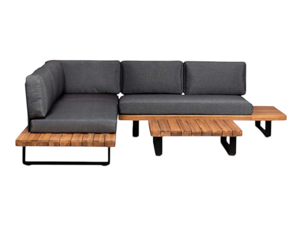 Oude Wesselink Tuinmeubelen Atlanta corner lounge set with charcoal cushions and acacia wood frame.