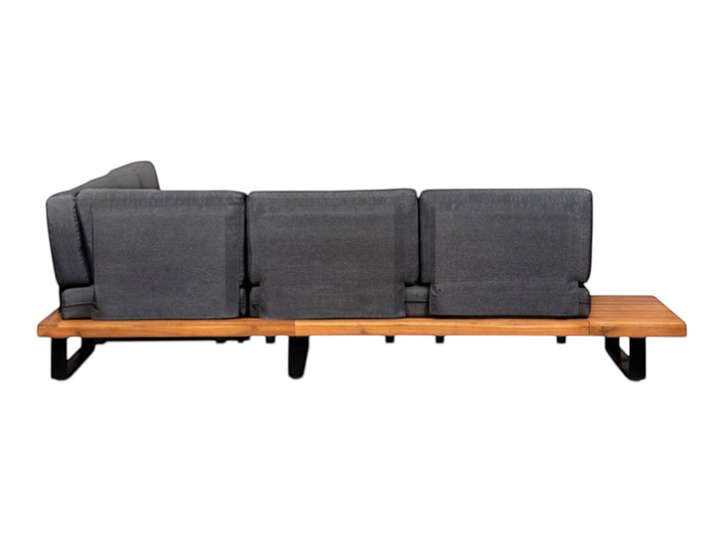 Oude Wesselink Tuinmeubelen Atlanta corner lounge set with charcoal cushions and acacia wood frame.