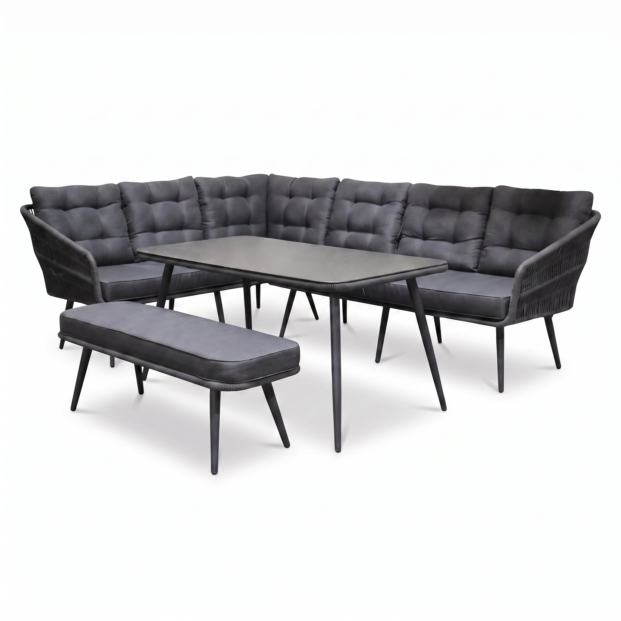 Positano Dining Loungeset - Anthracite (links) in einem stimmungsvollen Garten - Outnest Gartenmöbel