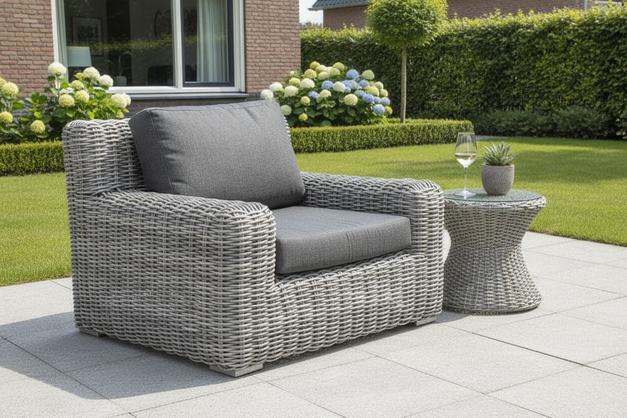 Vallemara Loungestoel - Faded Grey in einem stimmungsvollen Garten - Outnest Gartenmöbel