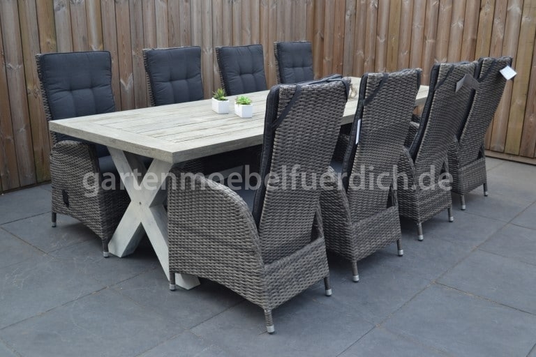 Wales XL Akazien Gartenholztisch grau 300, mit 8 Bologna Wales XL Akazien Gartenholztisch grau 300 x 100 cm