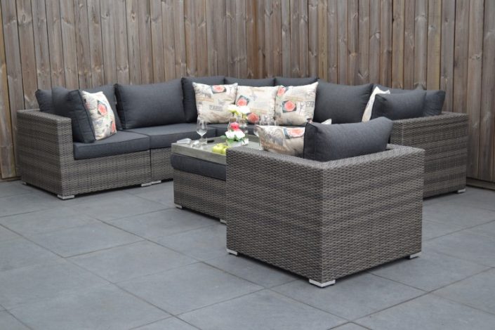 Garten Lounge mit Ecksofa, Aluminium dunkelgrau mit akazienholz Light