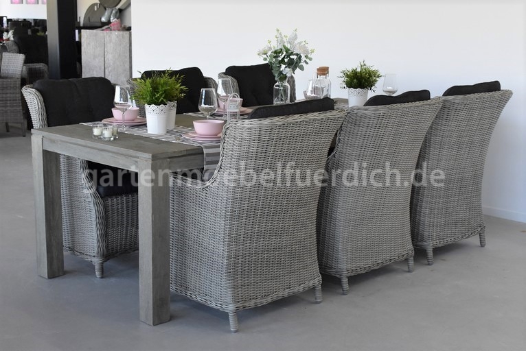 Merida Akazien – Gartenholztisch 240, mit 6 Perth Dining Sesseln