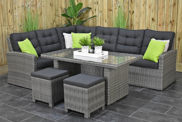 Garten Lounge Ausstellungsstück Frontera Dining Lounge Set, Ecke mit Esstisch und 2 Hocker, dunkelgrau