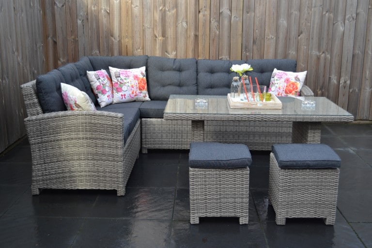 Cube loungeset van garden impressions 3-delig bekijkt u hier online Frontera Dining Lounge Set, Ecke mit Esstisch und 2 Hocker, hellgrau