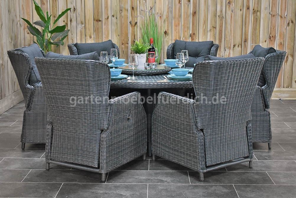 Gartentisch 150 - Gerona Polyrattan, mit 6 Valencia verstellbaren Dining  Sesseln, steingrau meliert - Garten Möbel für dich